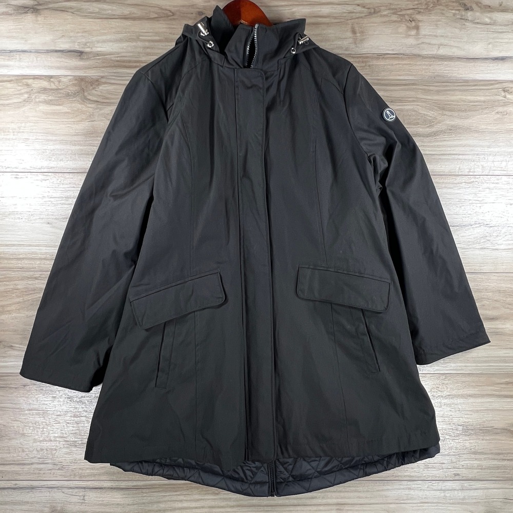 Lands End Womens XL Black Hooded 3-in-1 Parka Jacket with Quilted Vest Lining